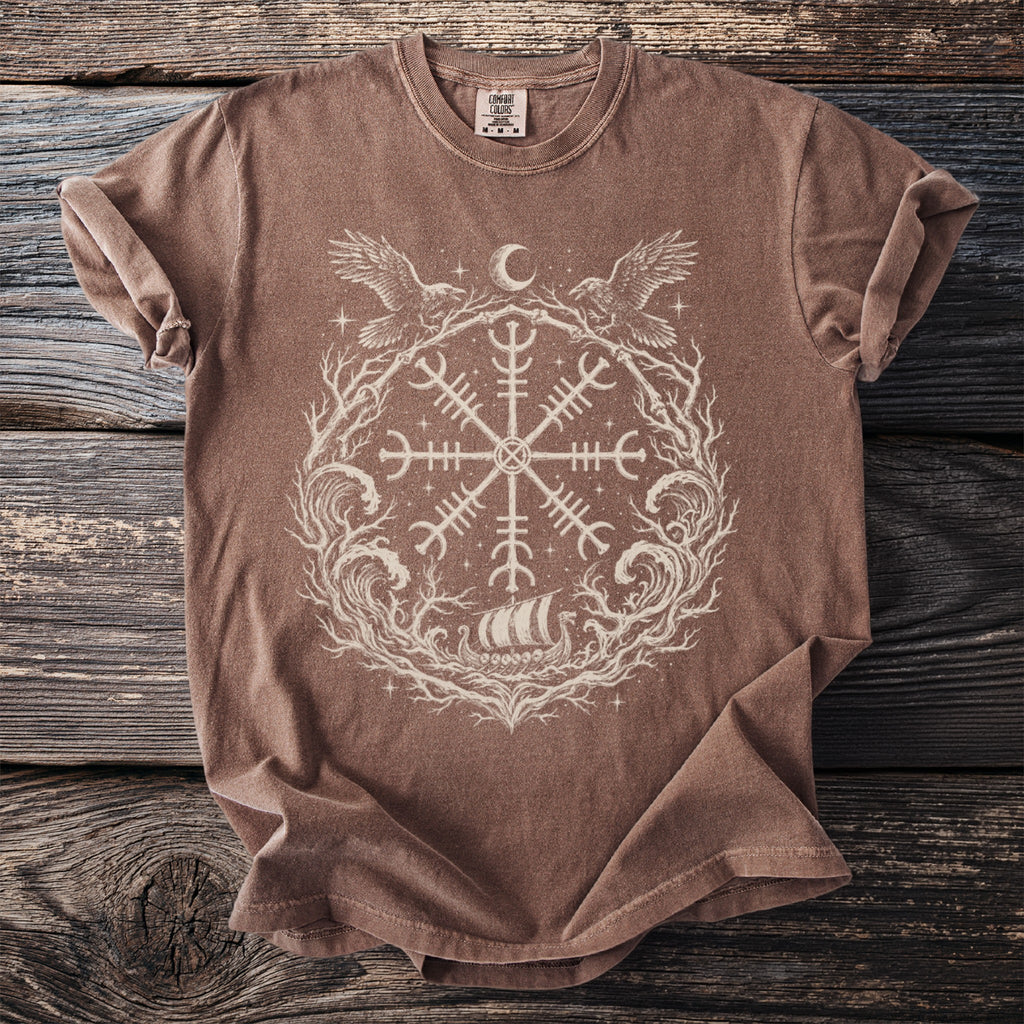 Brown t-shirt with a white helm of awe symbol, ravens, crescent moon, and Viking ship graphic.