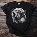Black t-shirt with a white graphic of a snarling wolf against a full moon.