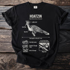 Black t-shirt with Hoatzin bird illustration and scientific details.