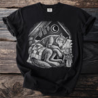 Black t-shirt with a sleeping wolf illustration under a crescent moon.