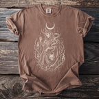 Brown t-shirt with a light graphic of Loki, snake, and wolf head.