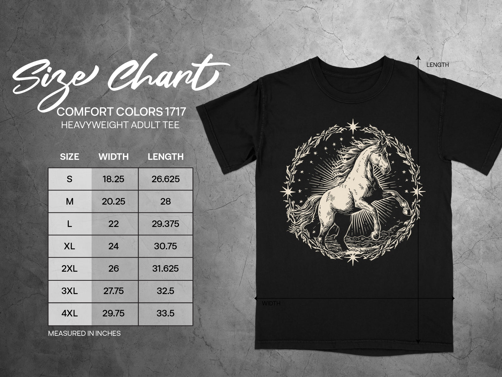 Comfort Colors 1717 heavyweight adult tee size chart with horse graphic.