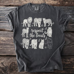 Charcoal t-shirt with white line art of nine wild cats and text "respect the locals."