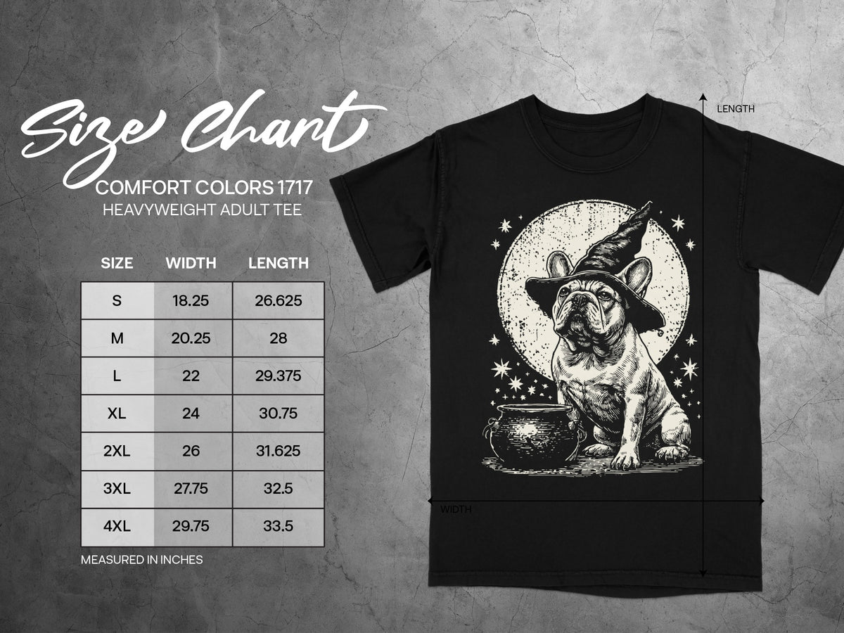 Size chart for Comfort Colors 1717 heavyweight adult tee with French bulldog graphic.