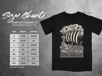 Comfort Colors 1717 heavyweight adult tee size chart with Viking ship graphic.