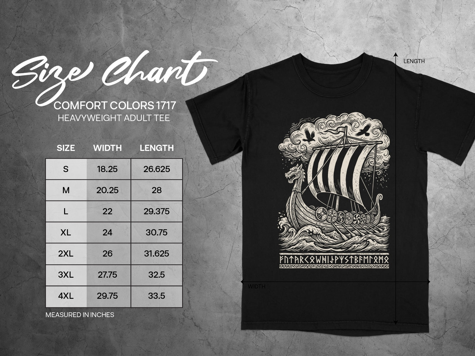 Comfort Colors 1717 heavyweight adult tee size chart with Viking ship graphic.