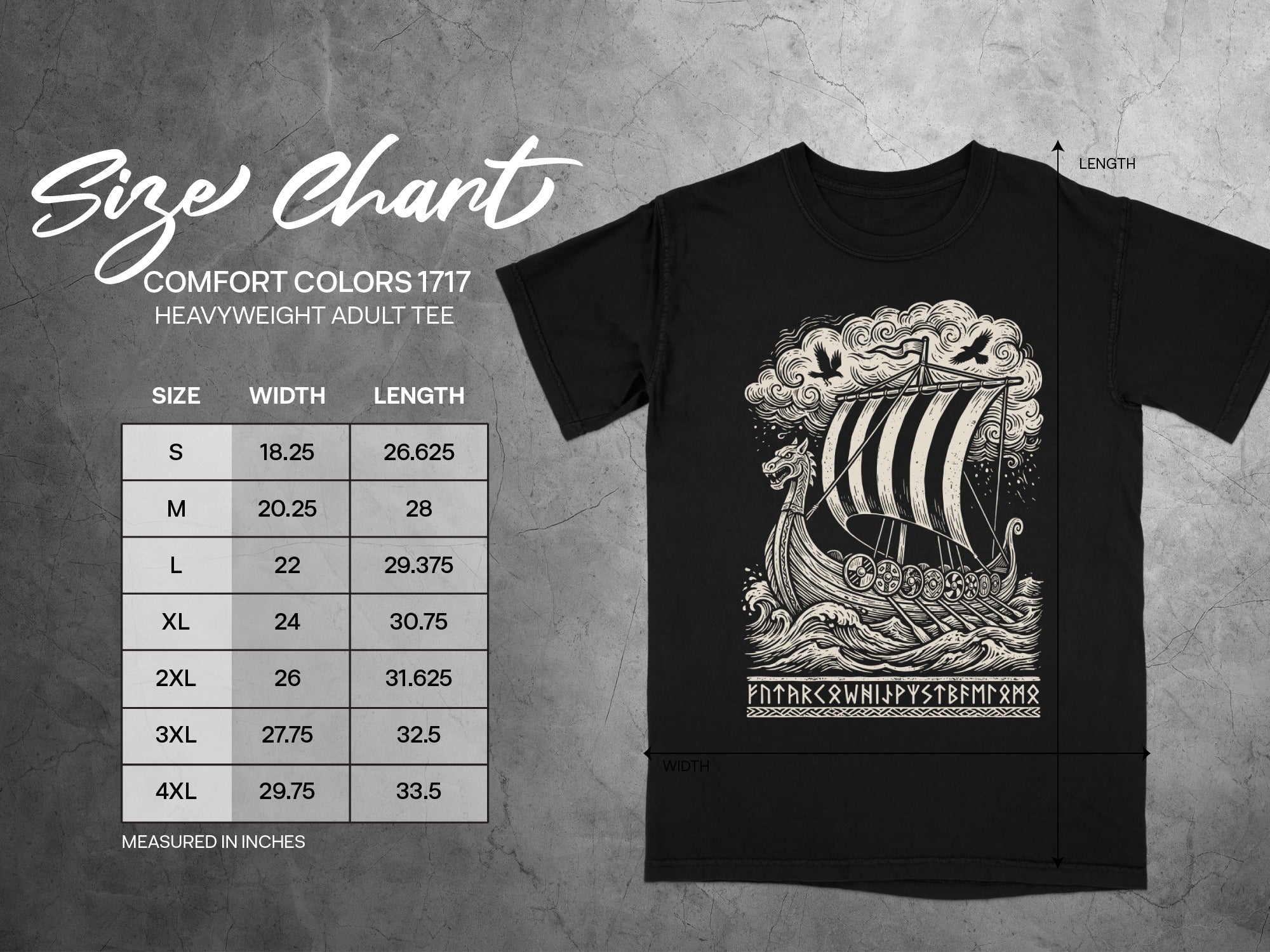 Comfort Colors 1717 heavyweight adult tee size chart with Viking ship graphic.