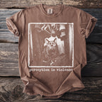 Brown t-shirt with framed graphic of cat in closet and text "perception is violence".
