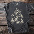 Dark grey t-shirt with a vintage style werewolf holding a bouquet of daisies graphic.