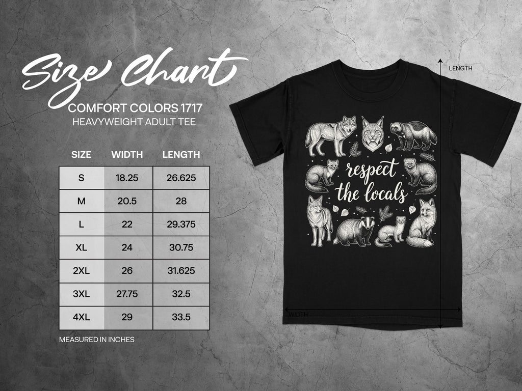 Comfort Colors 1717 heavyweight adult tee size chart in inches with a graphic of woodland animals.