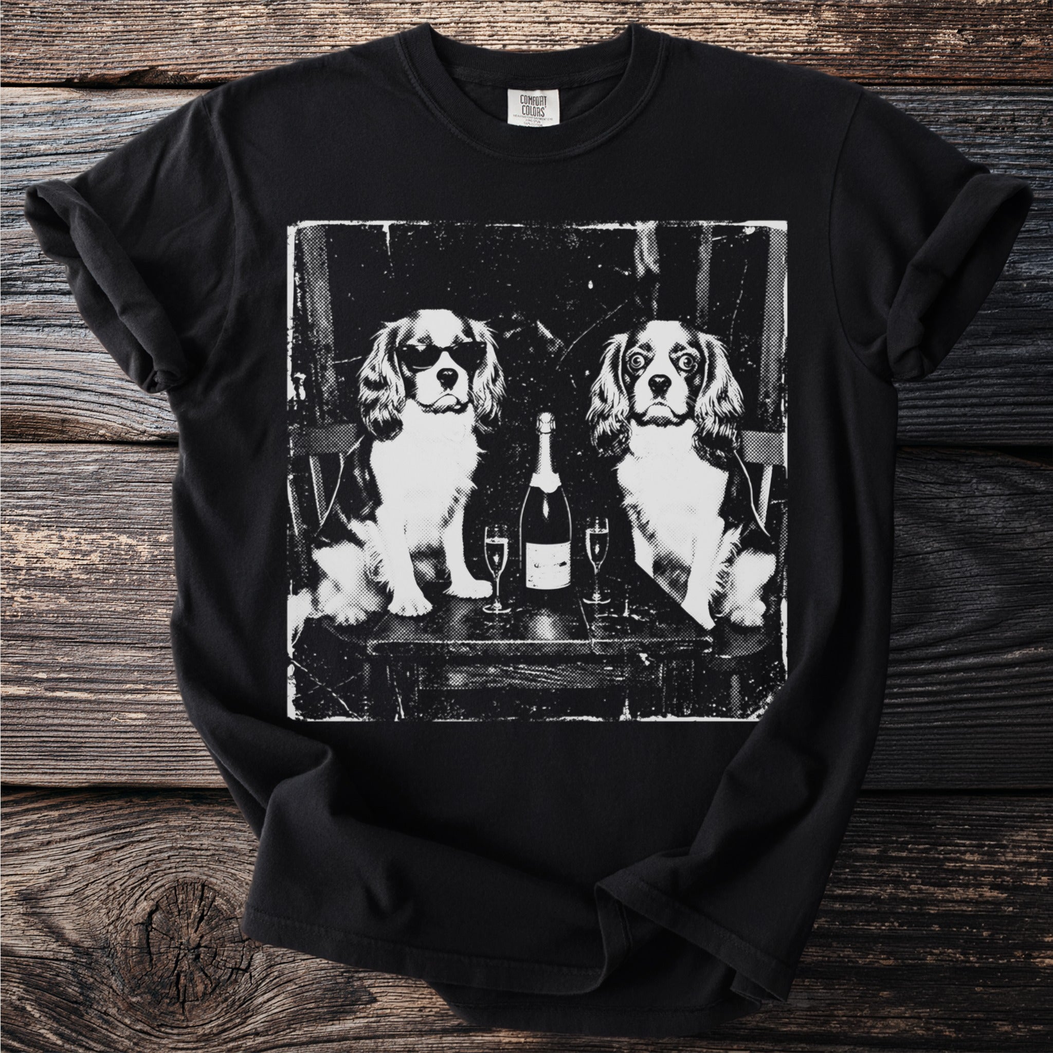 Black t-shirt with vintage print of two dogs, sunglasses, champagne, and glasses.