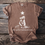 Brown t-shirt with a graphic of a rat looking up at a star, text reads "rats spelled backwards is star".