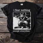 Werewolf in a kitchen with a mouse, text says "i fear nothing except everything".
