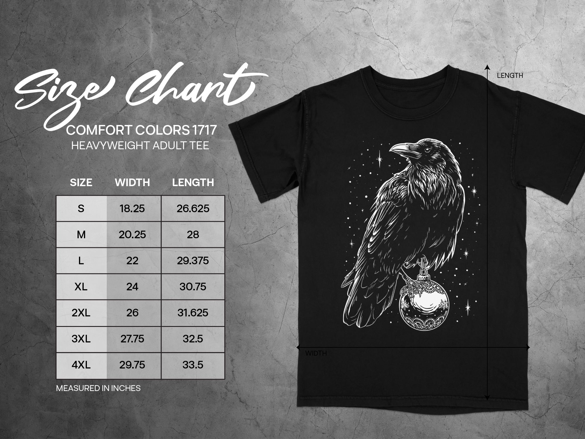 Comfort Colors 1717 heavyweight adult tee size chart with raven graphic.