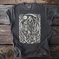 Grim Reaper holding lantern and scythe in forest with moon