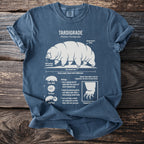 Tardigrade shirt with scientific illustration, labeling body parts and characteristics.