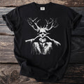Black t-shirt with white print of a figure with antlers making a heart symbol.