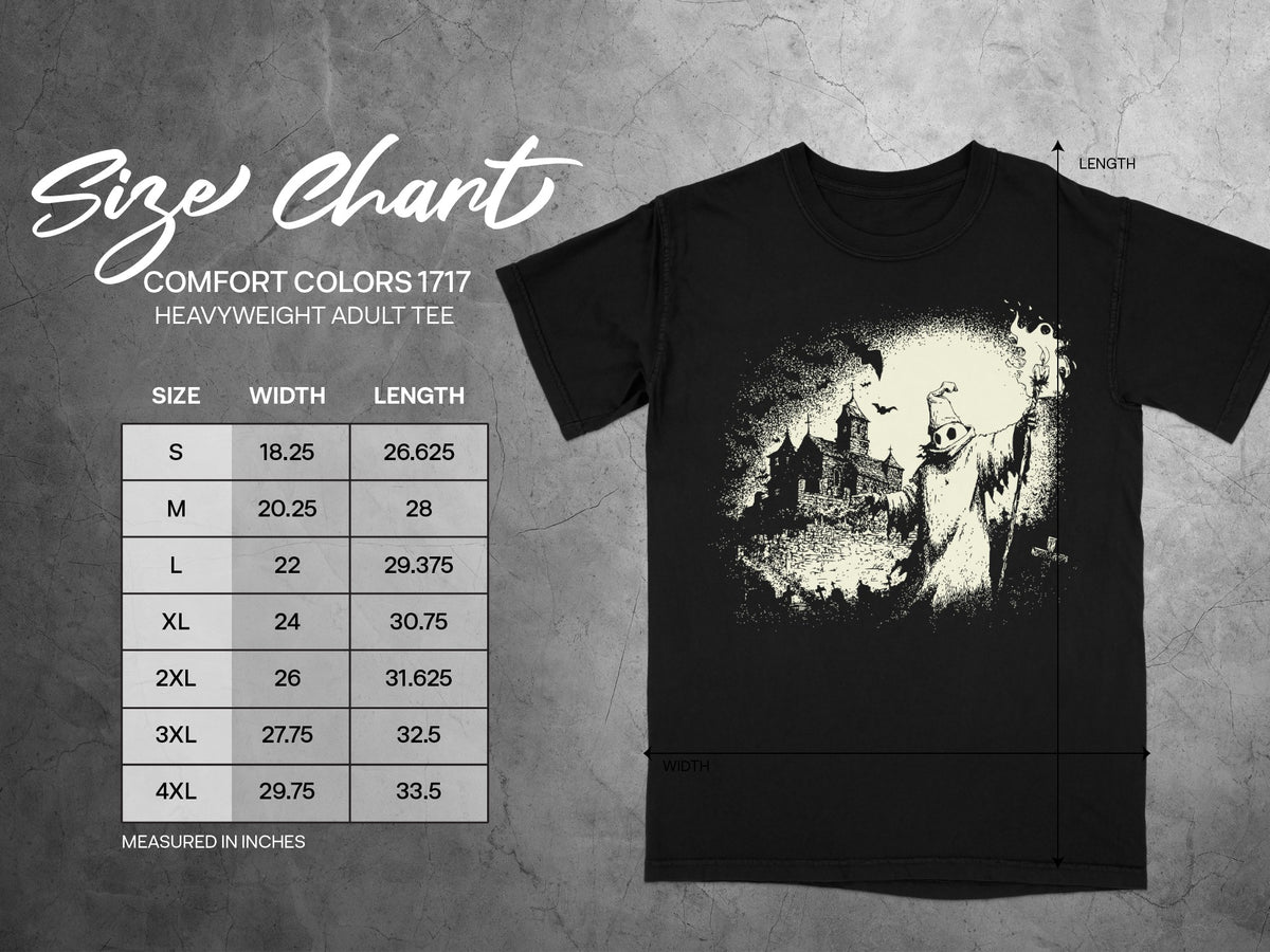 Comfort Colors 1717 heavyweight adult tee size chart with width and length measurements in inches.