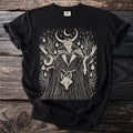 Black t-shirt with a tan linocut of Loki surrounded by snakes, flames, and runes.