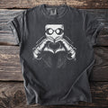 Dark grey t-shirt with white graphic of The Invisible Man forming heart with hands.
