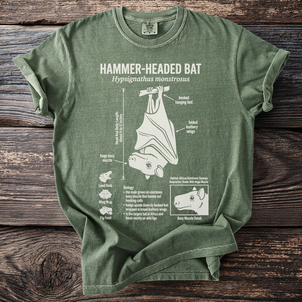 Green t-shirt featuring a diagram of a hammer-headed bat with labels.