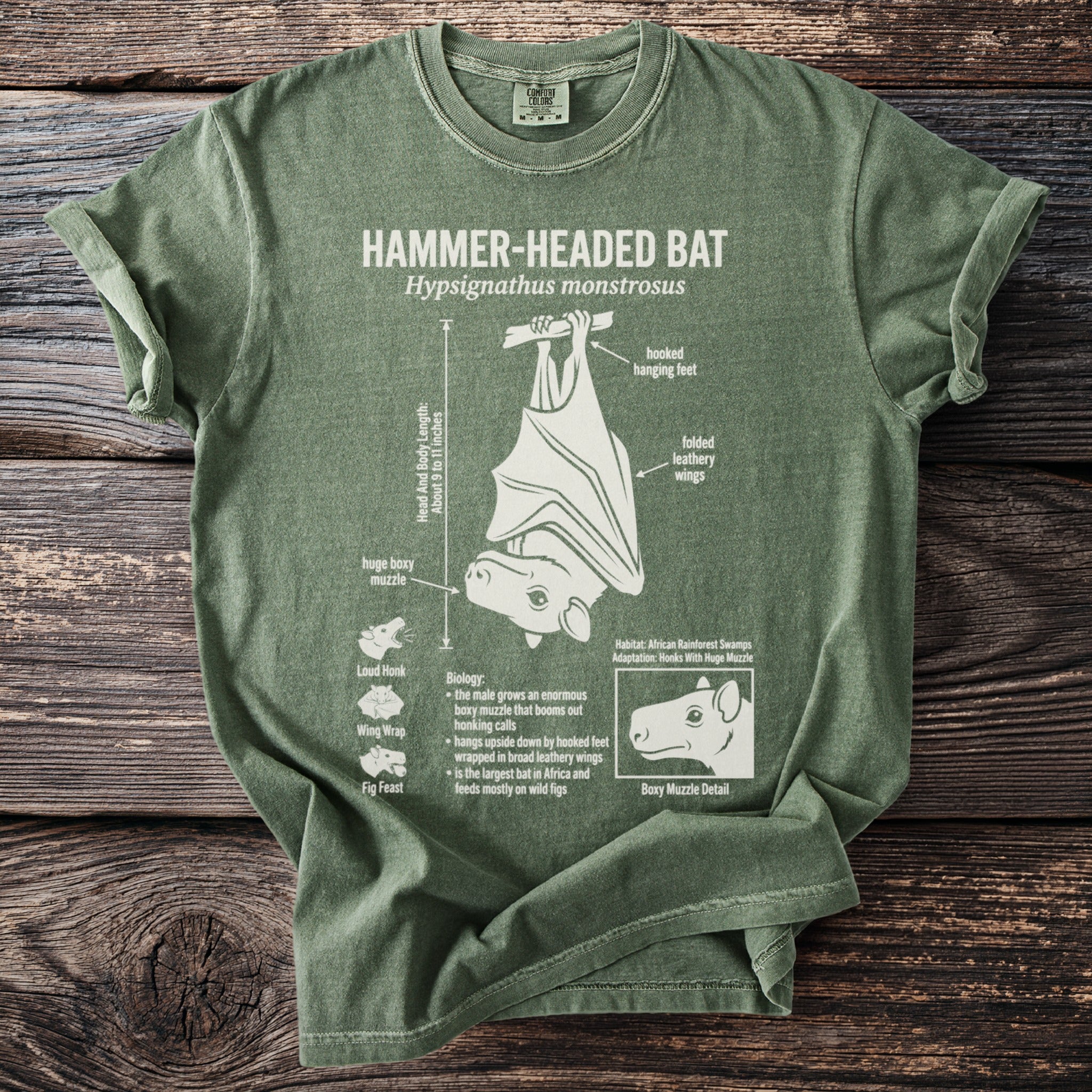 Green t-shirt featuring a diagram of a hammer-headed bat with labels.