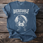 A blue t-shirt with a white werewolf graphic and "WEREWOLF lycanthrope full moon legend" text.