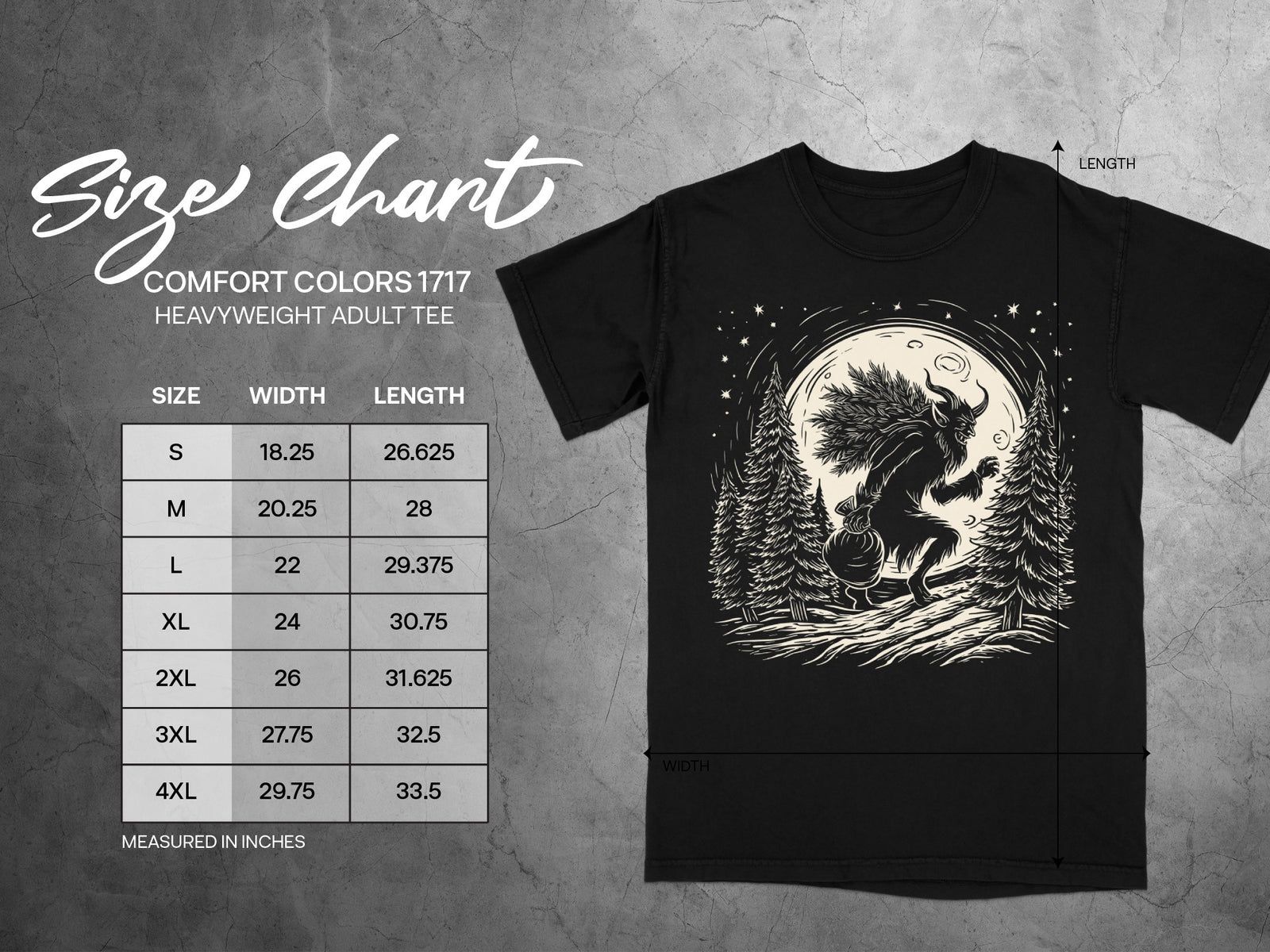 T-shirt size chart with measurements for Comfort Colors 1717 heavyweight adult tee.