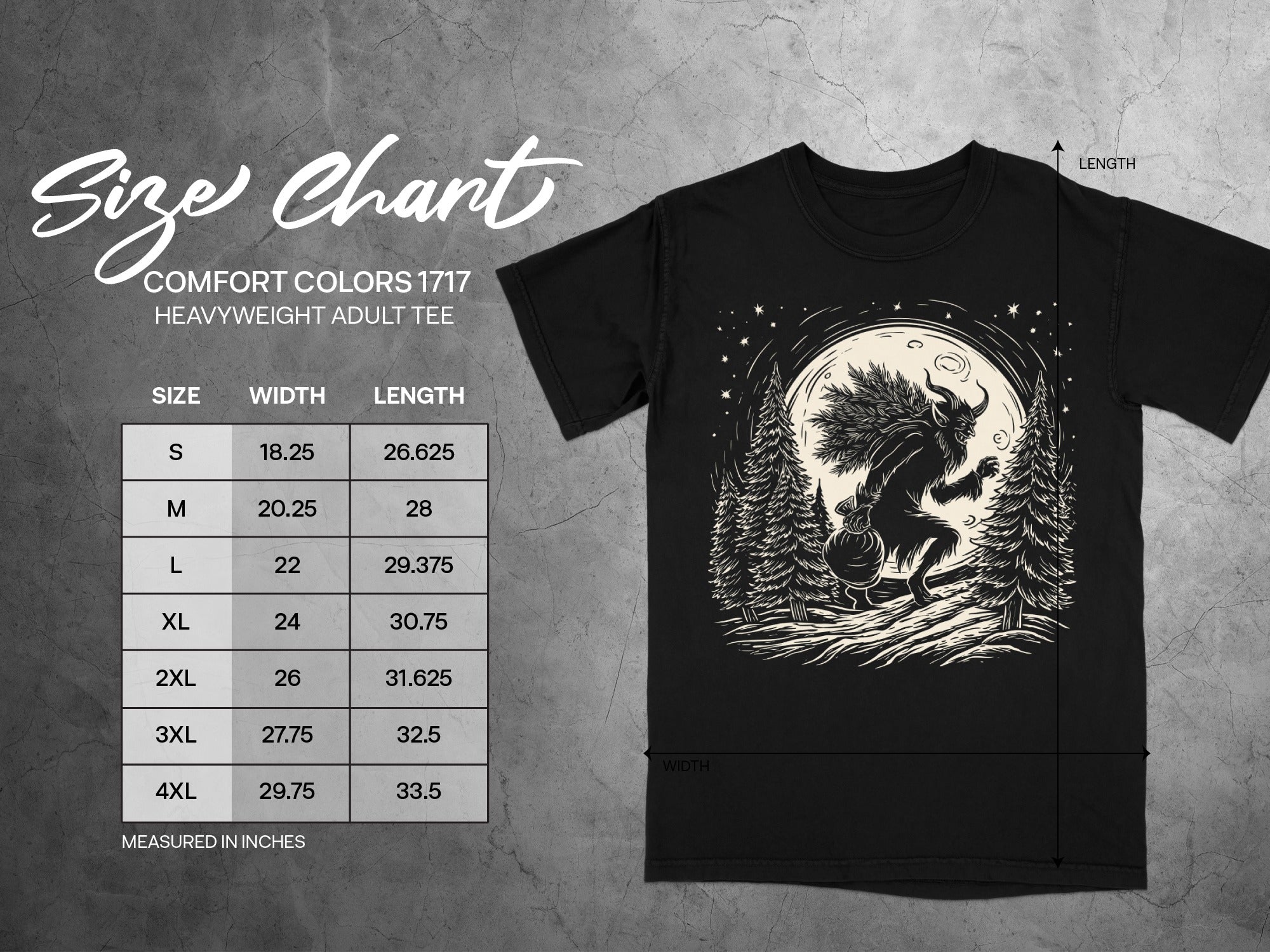 T-shirt size chart with measurements for Comfort Colors 1717 heavyweight adult tee.