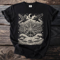 Black t-shirt with Viking tree, ravens, moon, and ship in beige print.