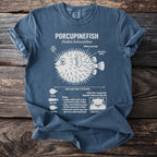 Blue t-shirt with white illustration of a porcupinefish and its biological details.