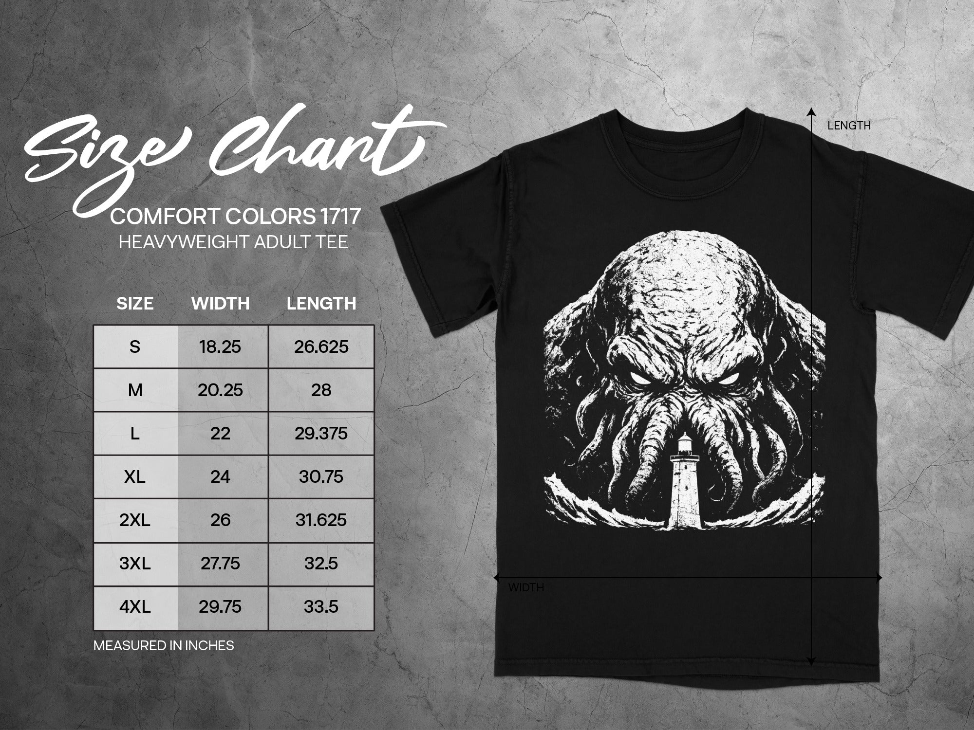 Comfort Colors 1717 heavyweight adult tee size chart with width and length measurements.
