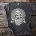 Dark gray t-shirt with a cream-colored graphic of a bearded man wearing a beanie.