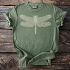 Green t-shirt with a white decorative dragonfly graphic and Comfort Colors label.
