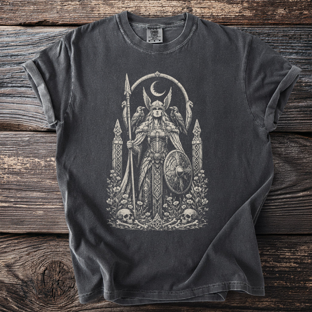 Black t-shirt with vintage graphic of a winged warrior, raven, shield, crescent moon, skulls, and flowers.