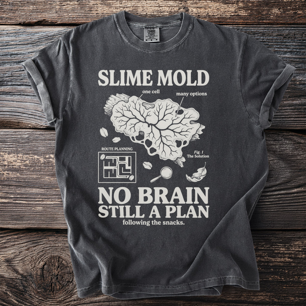 Dark gray t-shirt with "Slime Mold" graphic and "No Brain Still a Plan" text.
