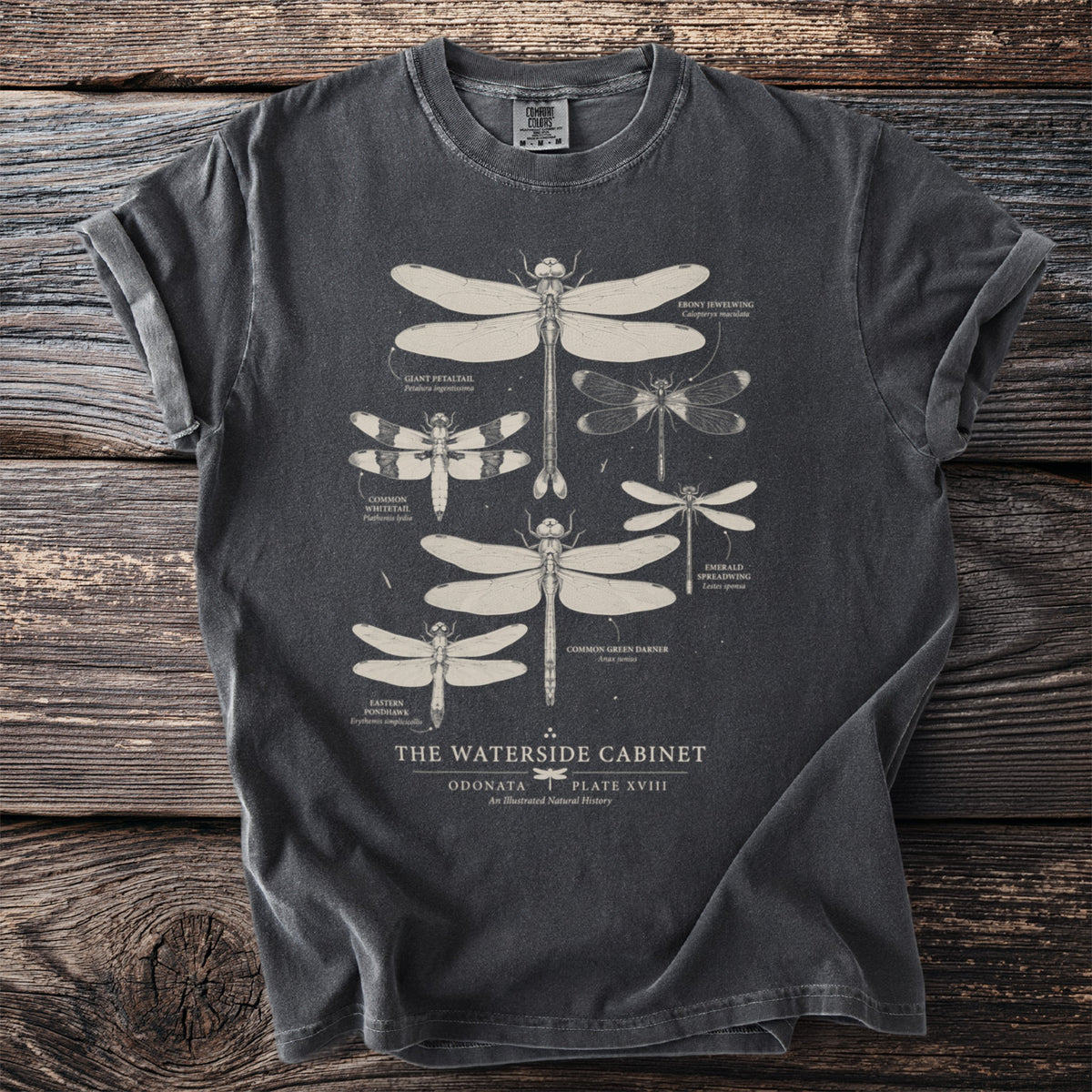 Dark grey t-shirt with scientific illustrations of various dragonflies titled "The Waterside Cabinet".