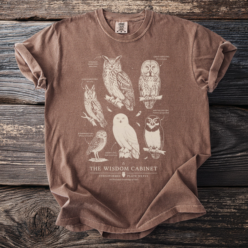 Brown t-shirt with illustrations of six owls labeled "The Wisdom Cabinet".