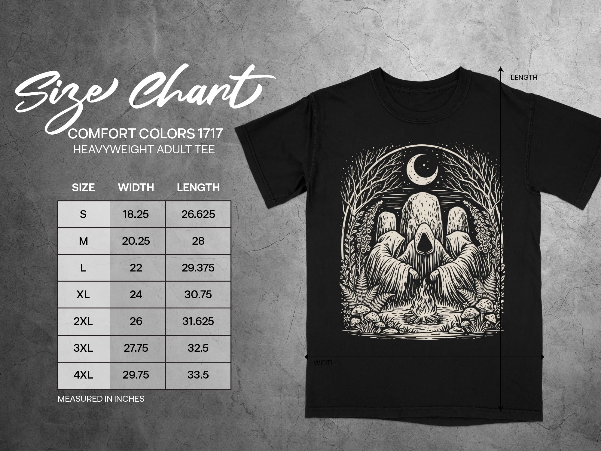 Comfort Colors 1717 adult heavyweight tee size chart with width and length measurements.