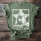 Olive green t-shirt with white graphic of rat, star, and text "rats spelled backwards is star".