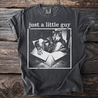 Charcoal t-shirt with black and white graphic of a werewolf in a box and text "just a little guy".