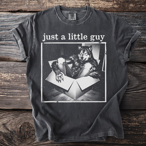 Charcoal t-shirt with black and white graphic of a werewolf in a box and text "just a little guy".