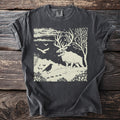 Dark gray t-shirt with a skeletal stag with ravens in a starry night landscape.