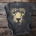 Dark gray t-shirt with a distressed light tan leopard face graphic and "Comfort Colors" tag.