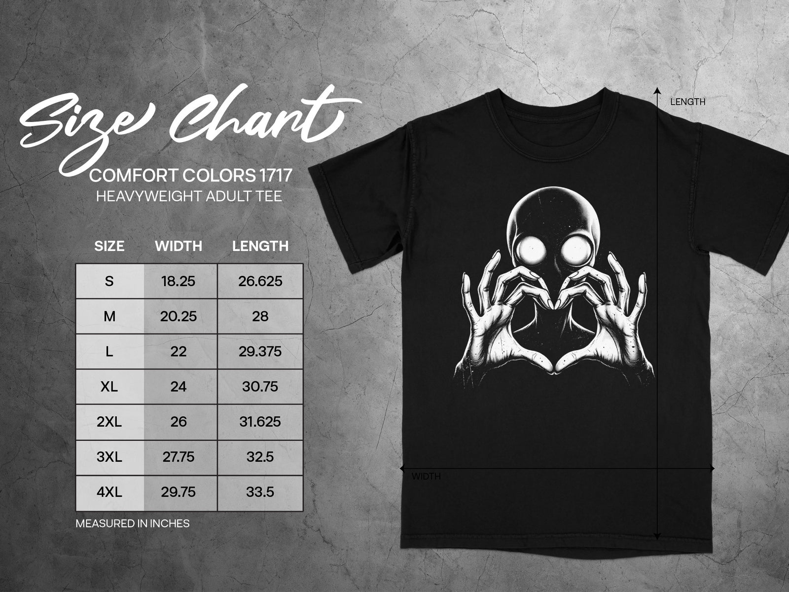 Comfort Colors 1717 heavyweight adult tee size chart with width and length measurements.