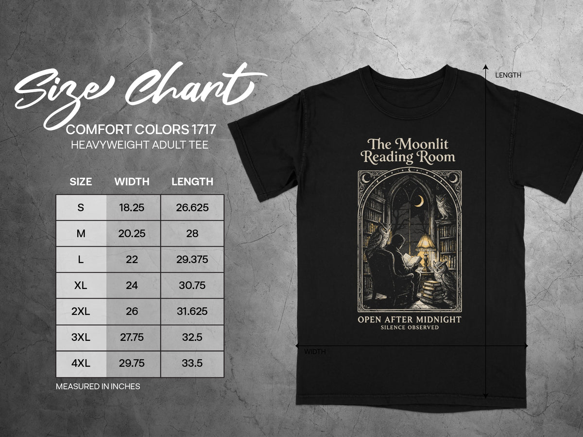 Black Comfort Colors 1717 heavyweight adult tee with size chart and "The Moonlit Reading Room" graphic.