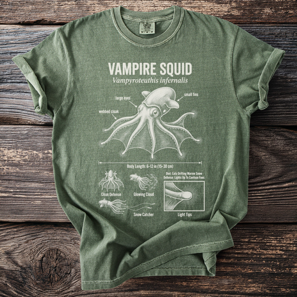 Green t-shirt with white diagram and factual text about the vampire squid.