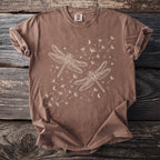 Brown t-shirt with white dragonfly and dandelion seed print.