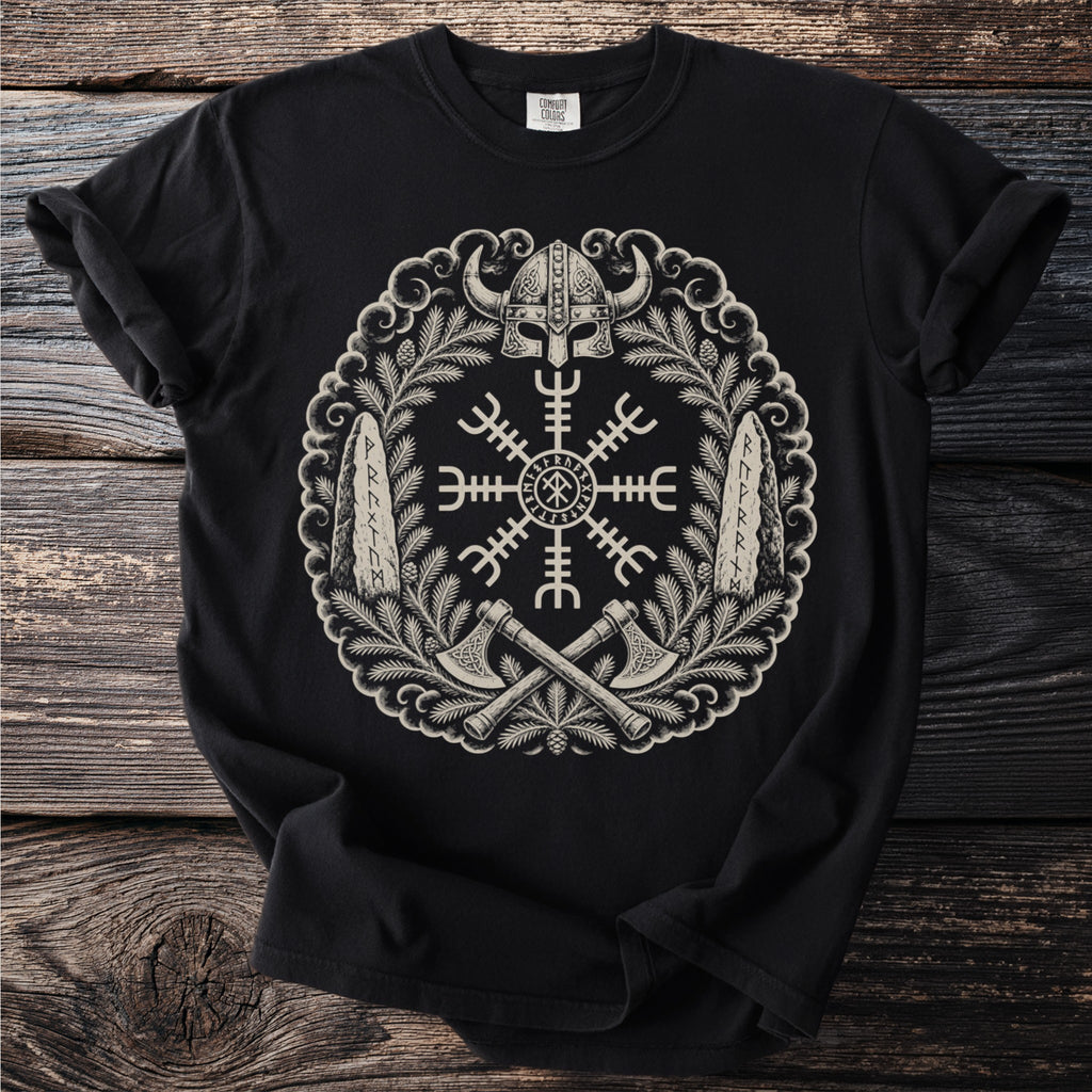 Black t-shirt with Viking helm, axes, runes, and Vegvisir central design.