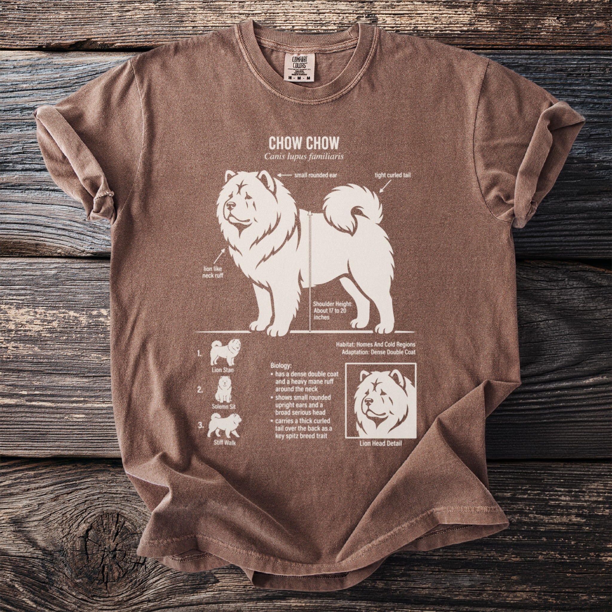 Brown t-shirt with white Chow Chow dog illustration and breed information.